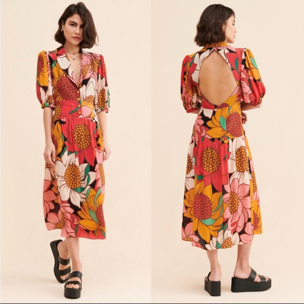 NWT! FARM Rio Colorful Sunflowers Midi Dress